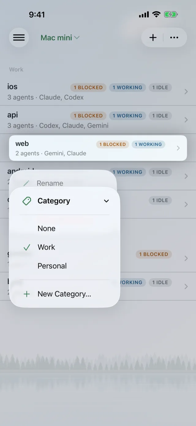 A workspace's long-press menu with the Category submenu open: None, Work, Personal, New Category