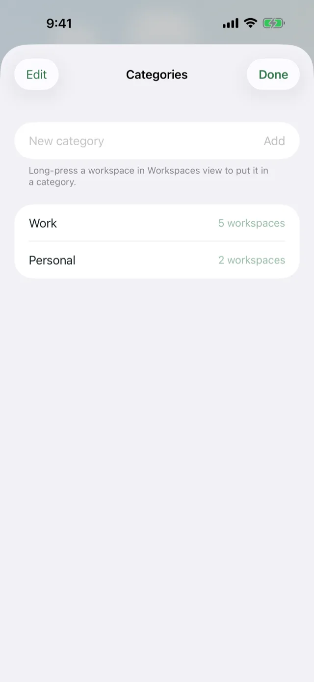 The Categories sheet listing Work with 5 workspaces and Personal with 2