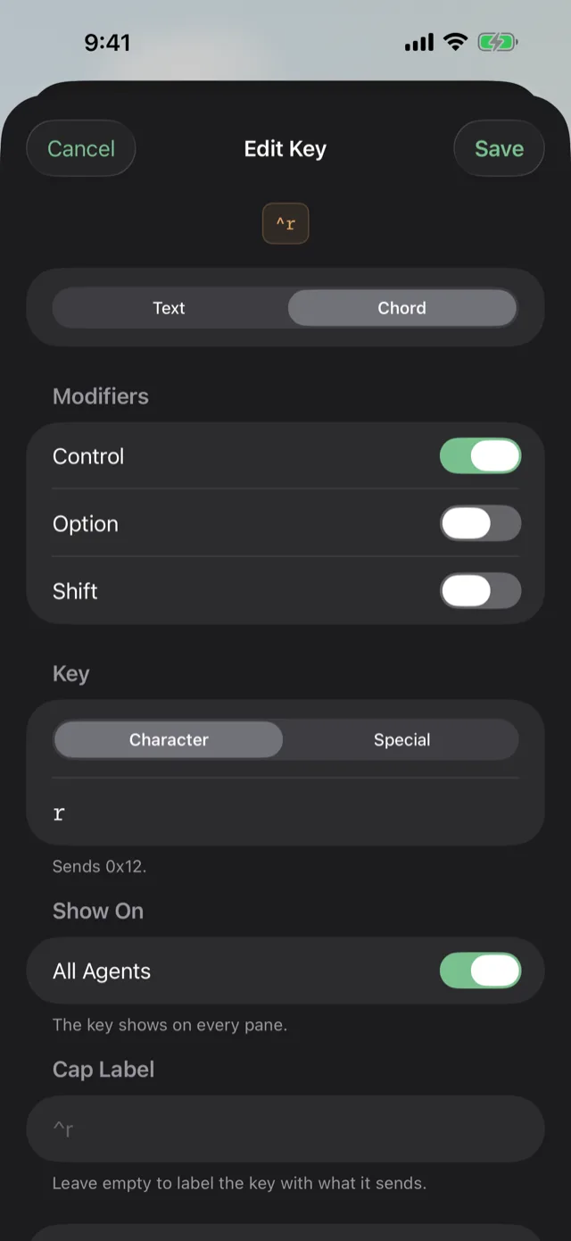 Editing a Chord key: Control on, character r, sends 0x12