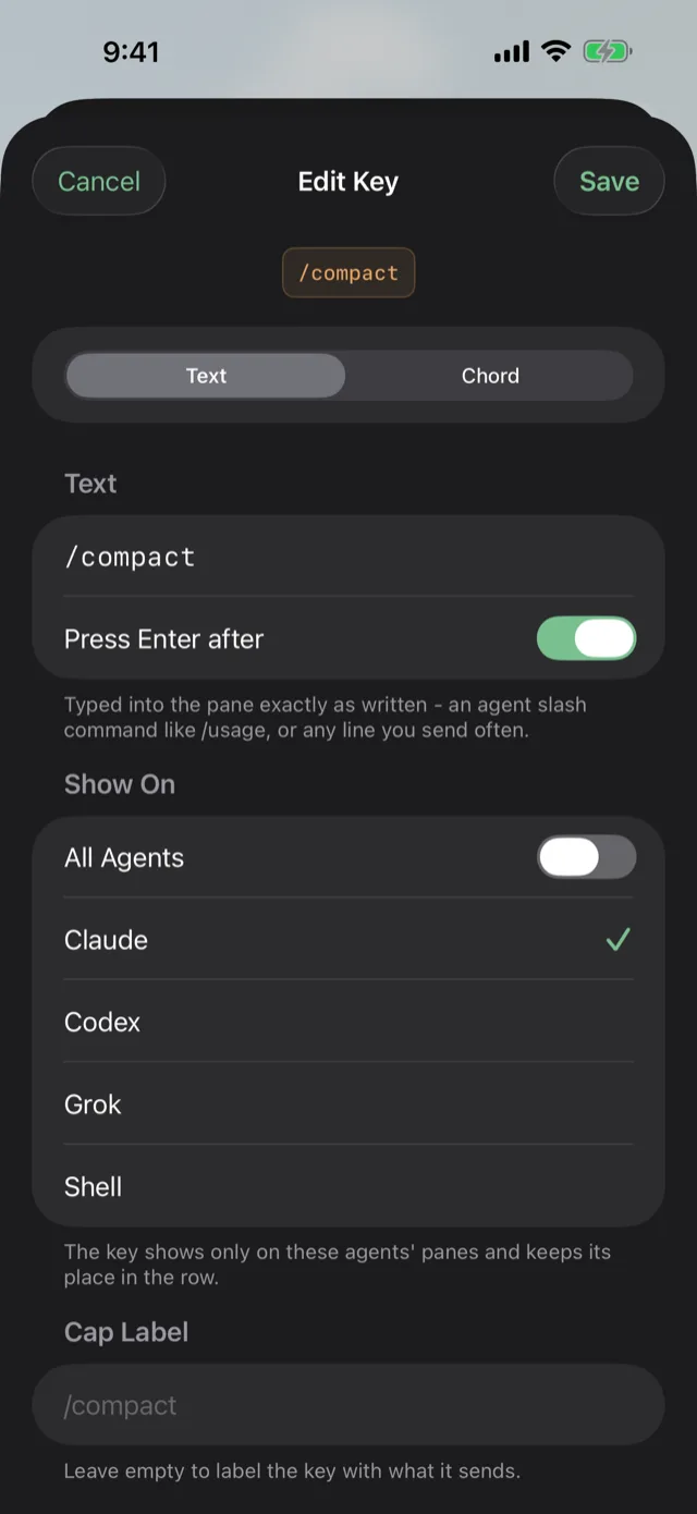 Editing a Text key: /compact with Press Enter after on