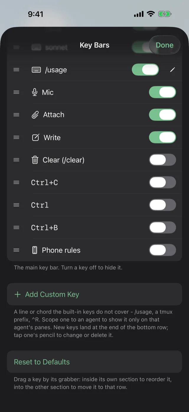 The bottom of the Key Bars sheet: Add Custom Key and Reset to Defaults
